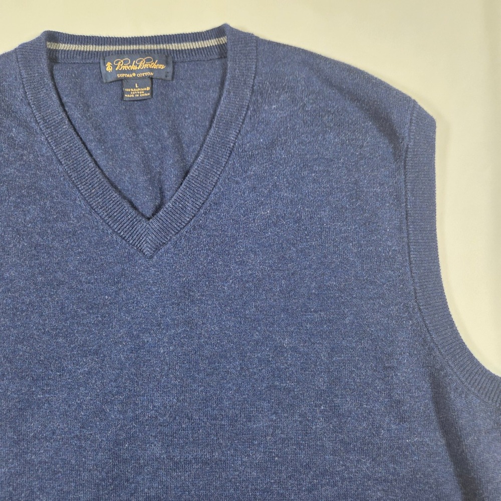 Brooks Brothers Mens Supima Cotton V-Neck Sweater Vest Navy Blue Large L